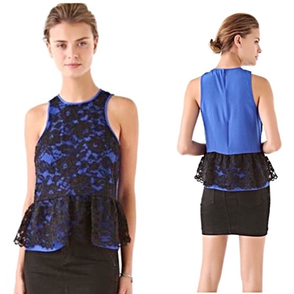 Tibi Blue & Black Lace Sleeveless Peplum Top
